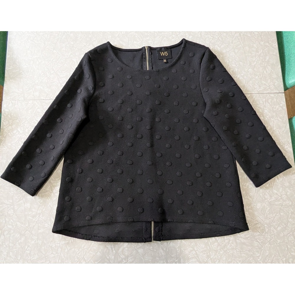 W5 Medium Black Textured Embossed Polka Dot 3/4 Sleeve Sweater Blouse Back Zip